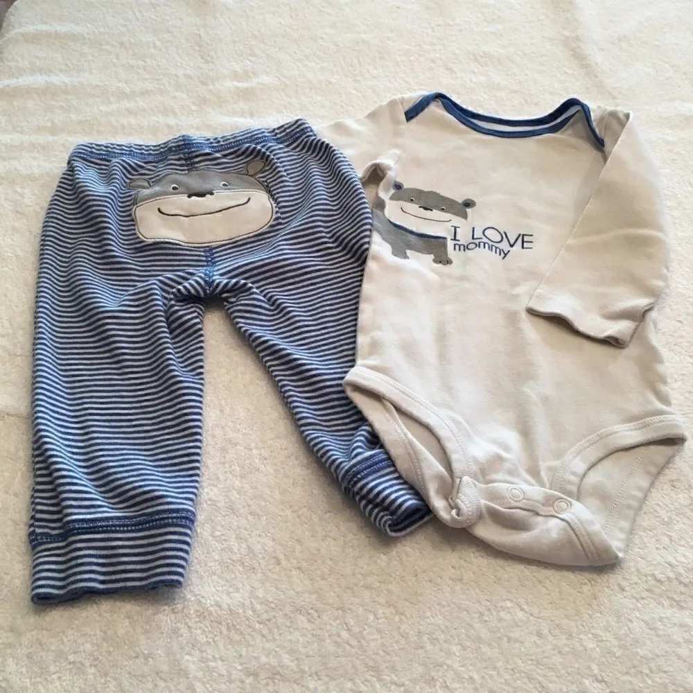 Carter’s 12 month boys set 2 onesies 1 pants blue